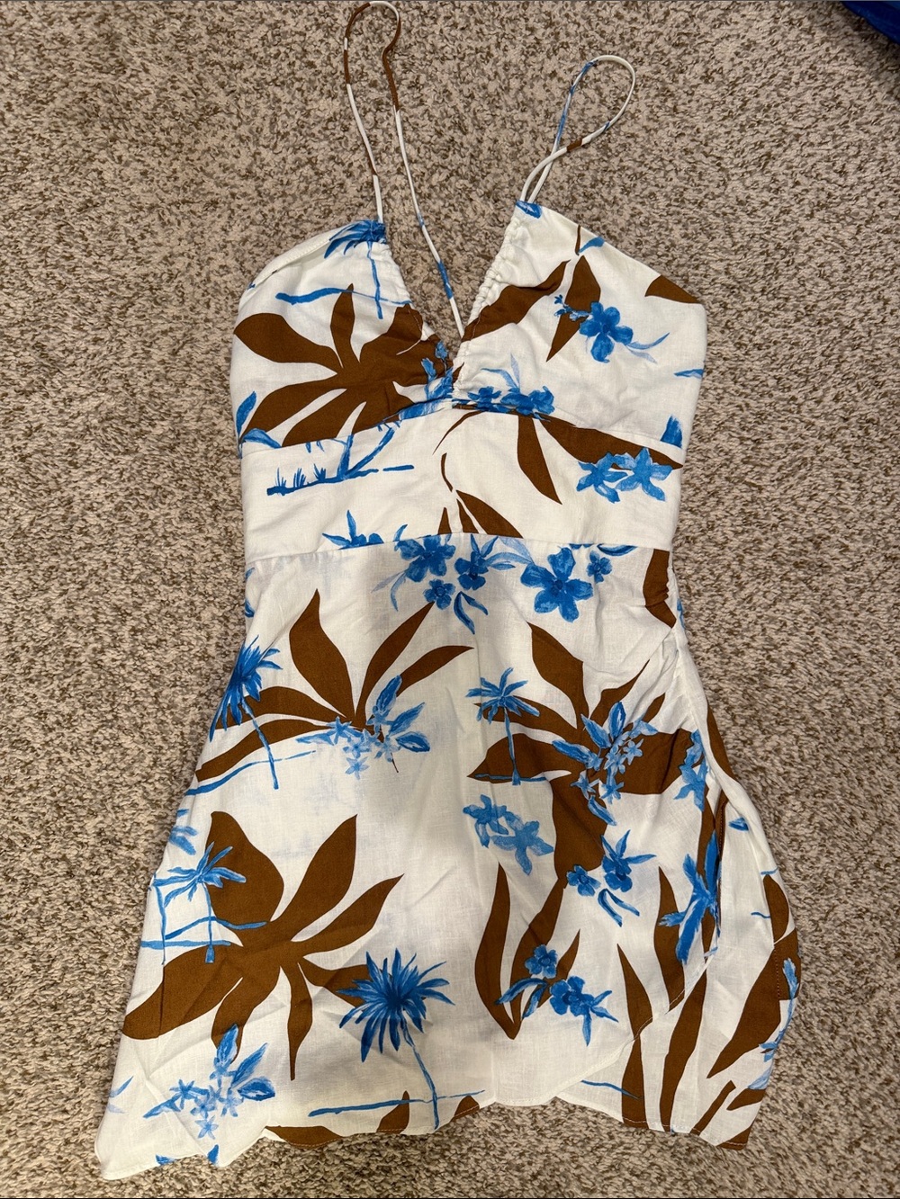 Zara White One-Piece Dress with Blue Floral and Brown Leaf Print